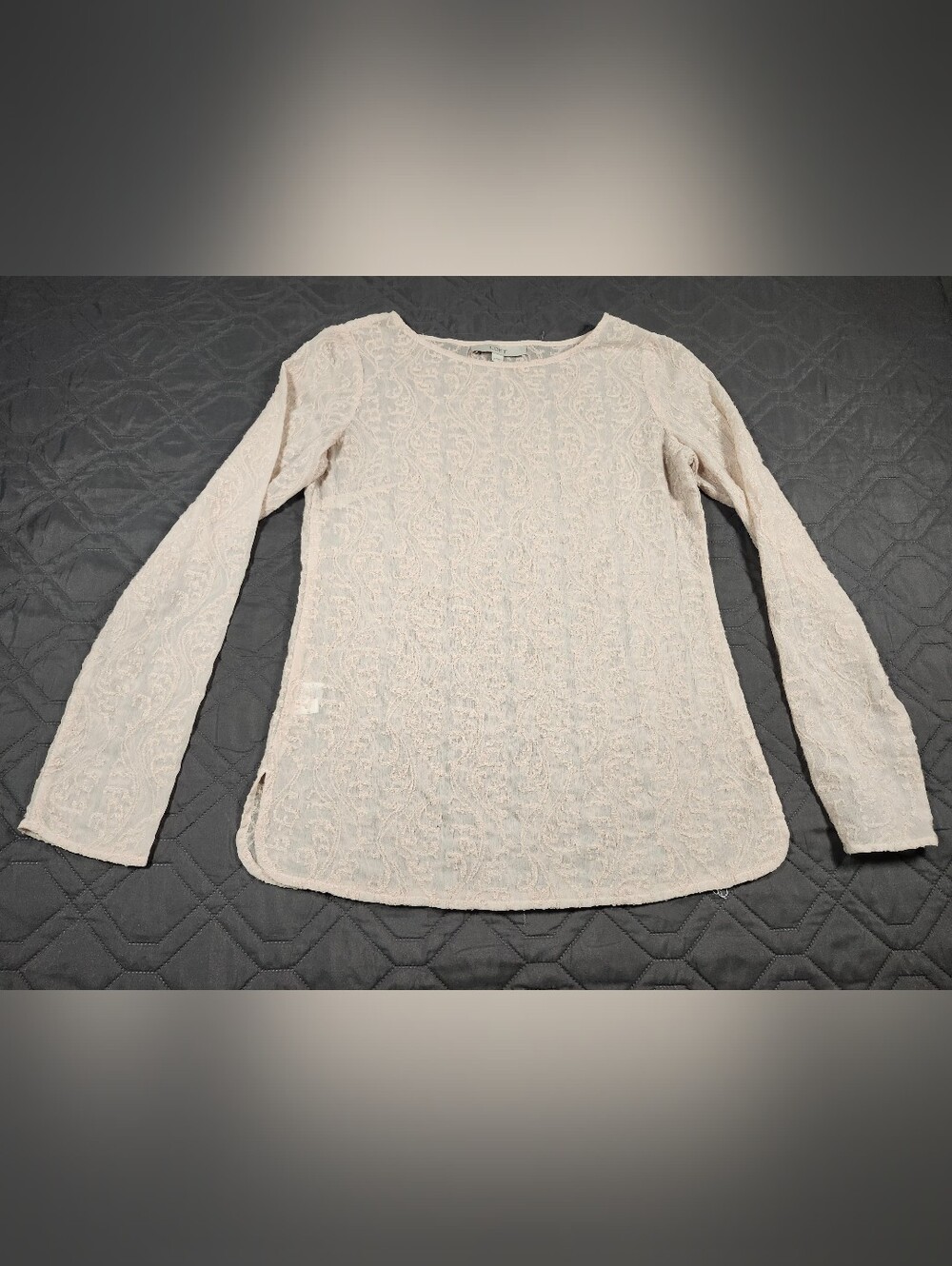 LOFT light pink/blush semi-sheer LaceRound Neck Long Sleeve Pullover Top Size XS